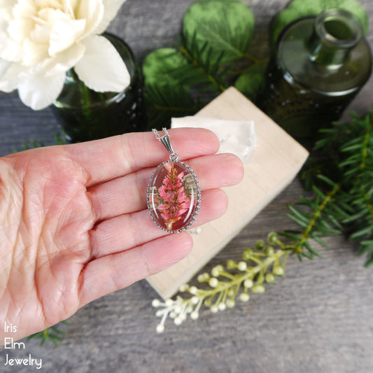 Pink Wildflower in Resin Pendant Necklace - Antiqued Silver Tone