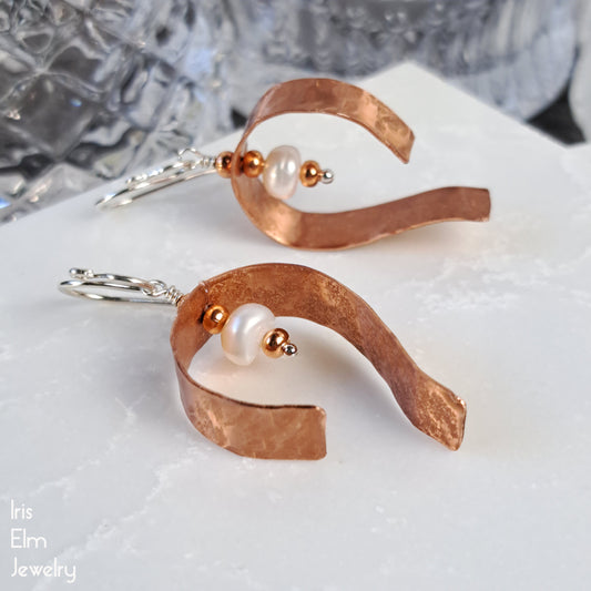 Hammered Copper and Freshwater Pearl Metalwork Earrings