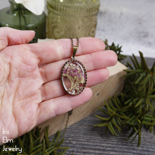 Red Pomegranate Yarrow Flower Necklace - Antiqued Brass