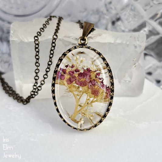 Red Pomegranate Yarrow Flower Necklace - Antiqued Brass