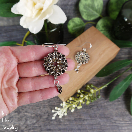 Brown Czech Glass Beadwork Wreath Hoop Earrings