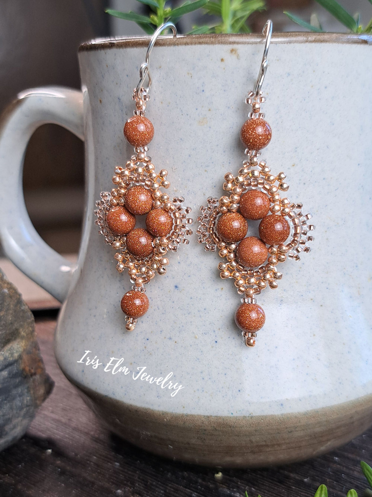 Brown Goldstone Bohemian Beadwork Earrings