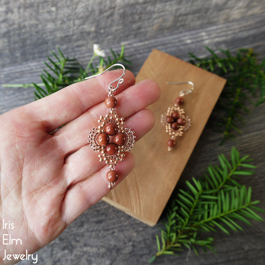 Brown Goldstone Bohemian Beadwork Earrings