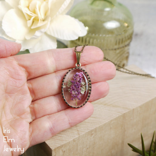 Pink Wildflower in Resin Pendant Necklace - Antiqued Brass