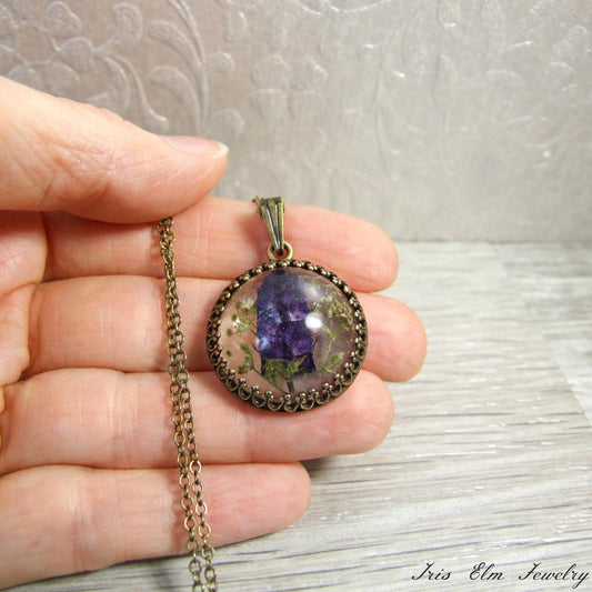 Small Dark Purple Wildflower in Resin Pendant Necklace