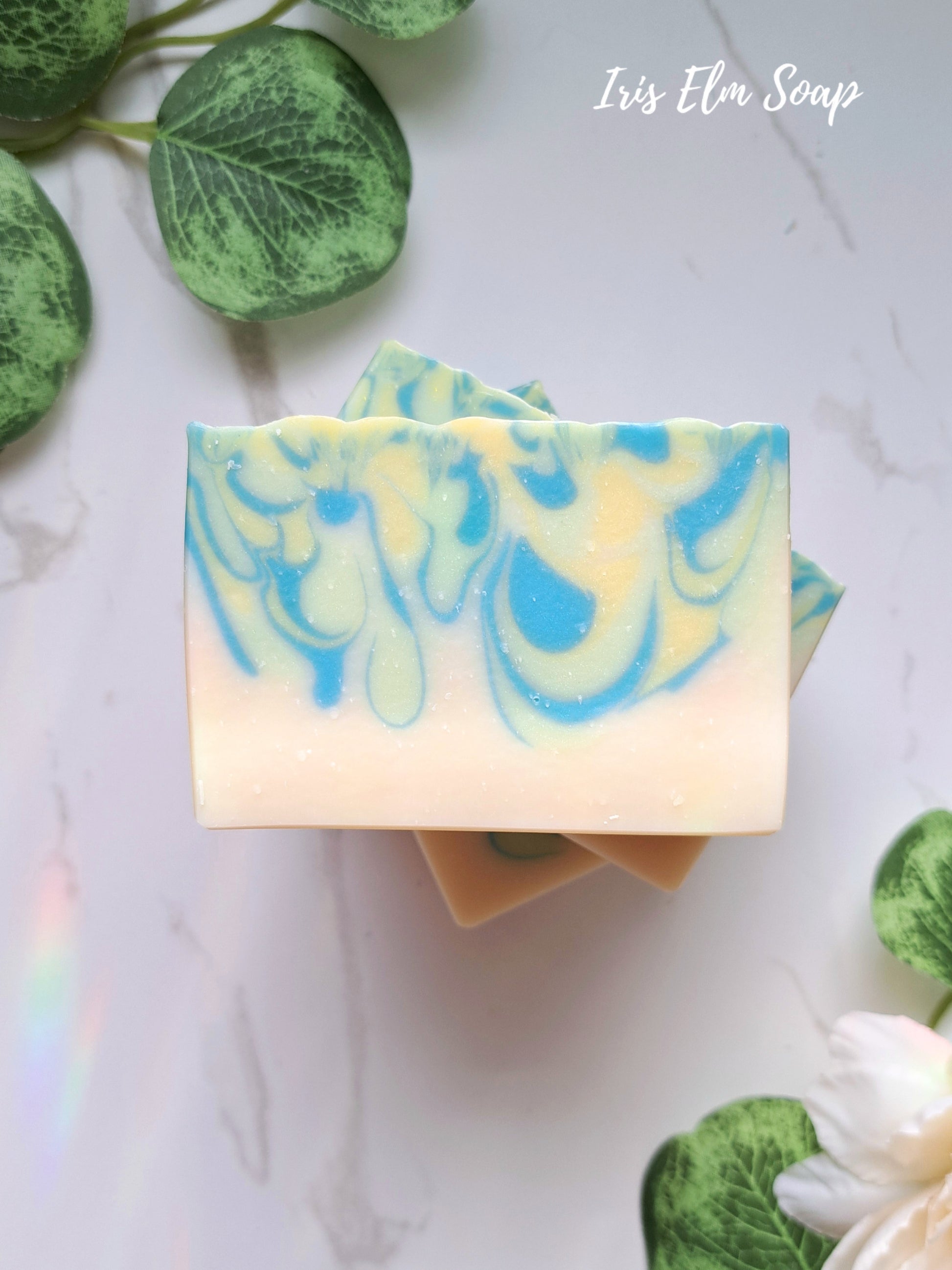 Two swirled white tea and ginger handmade soap bars with blue and green patterns on a white background with leaves.