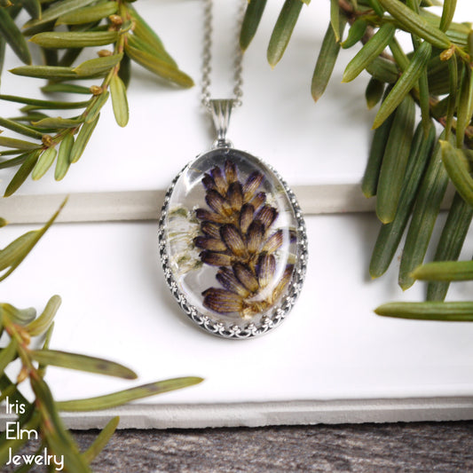 Dark Purple Wildflower in Resin Oval Pendant Necklace - Antiqued Silver Tone