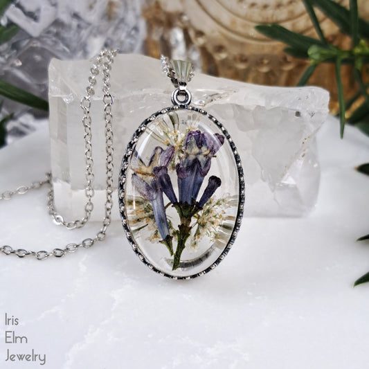 Purple Lilac Pressed Flower in Resin Pendant Necklace - Antiqued Silver Tone