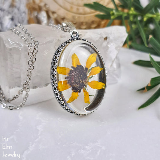 Yellow Brown-Eyed Susan Minnesota Wildflower Pendant Necklace - Antiqued Silver Tone