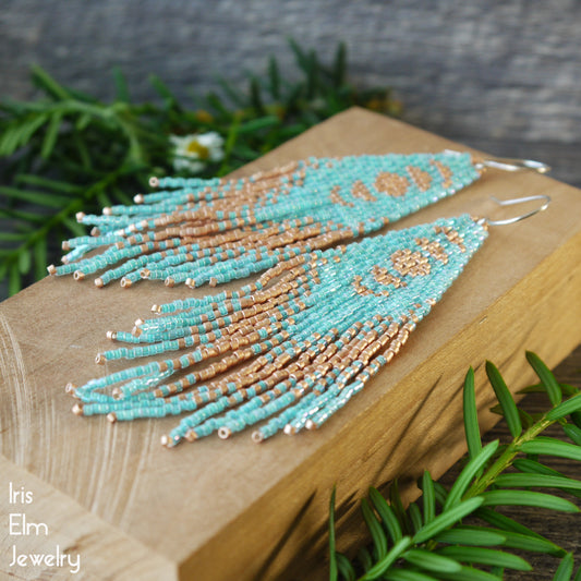 Aqua and Peach Copper Moon Phase Seed Bead Boho Fringe Earrings