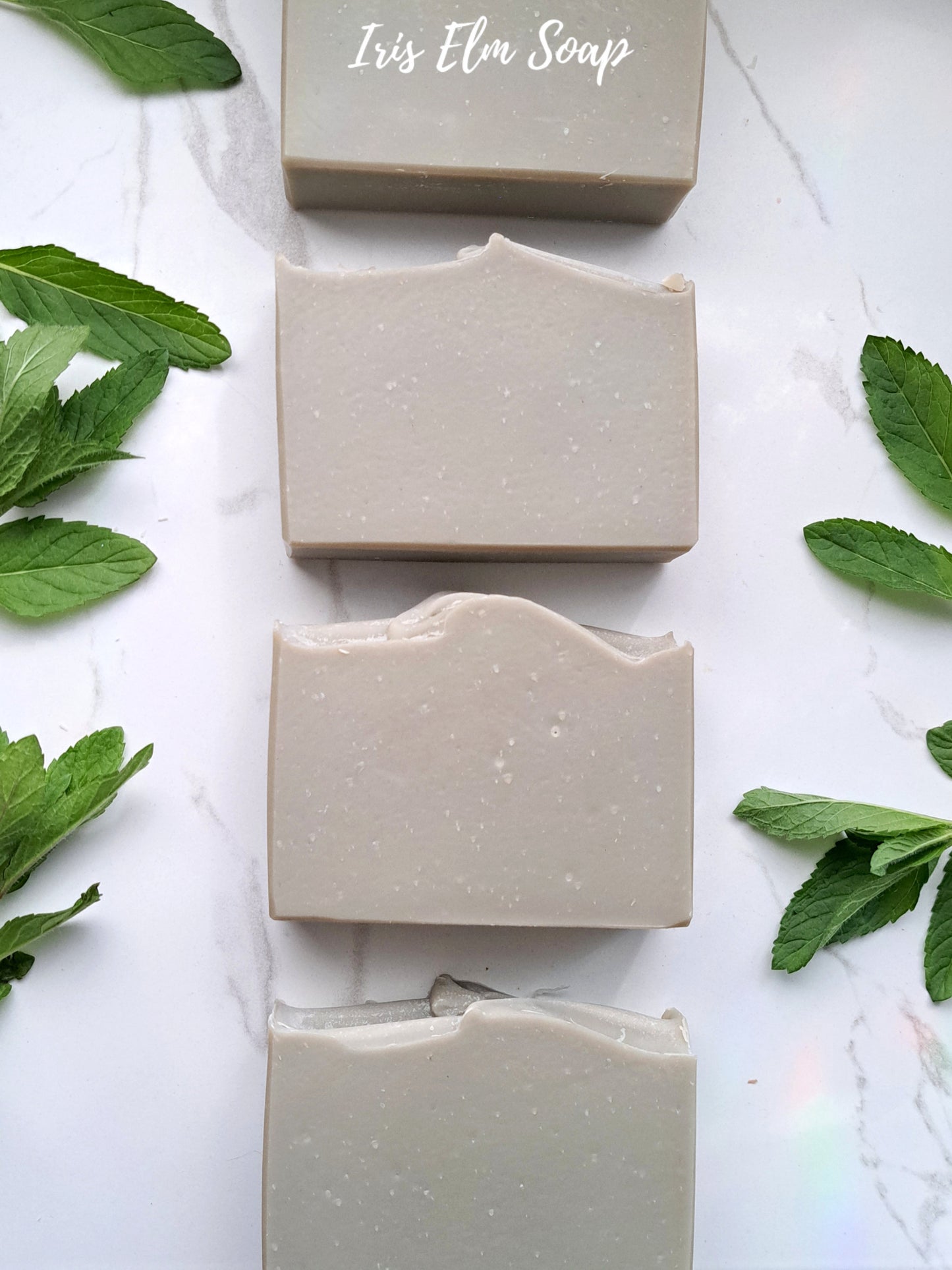 Three eucalyptus tea tree mint handmade essential oil bars of Iris Elm Soap with green leaves on a light background
