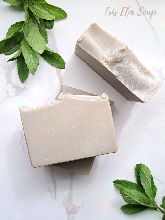 Two bars of eucalyptus tea tree mint handmade essential oil soap with green leaves on a light background