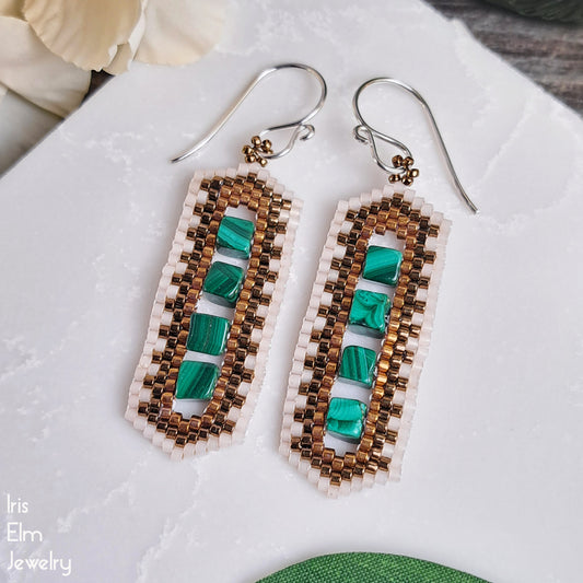 Green Malachite Cube Beadwork Dangle Earrings