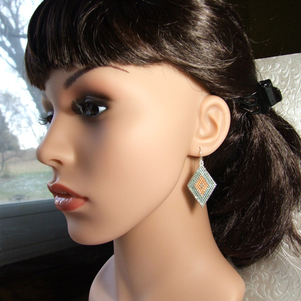Southwestern Aqua and Peach Diamond Seed Bead Earrings