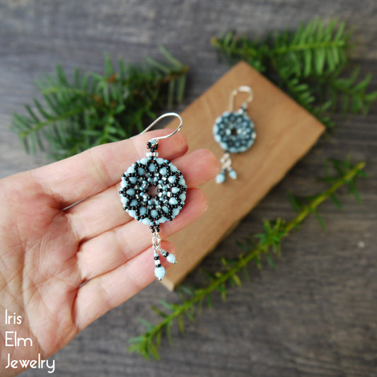 Black and Light Blue Czech Glass Woven Wreath Hoop Earrings