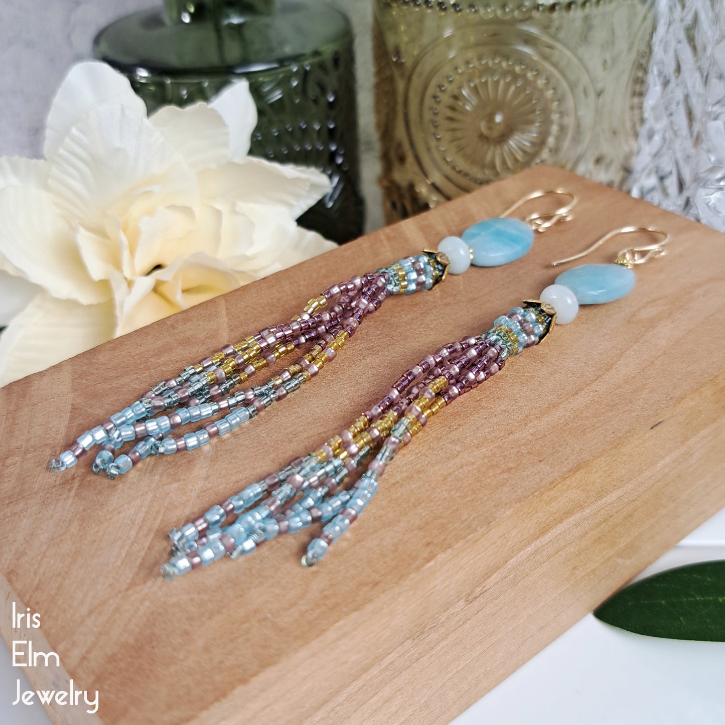 Amazonite Blue and Pink Tassel Fringe Earrings