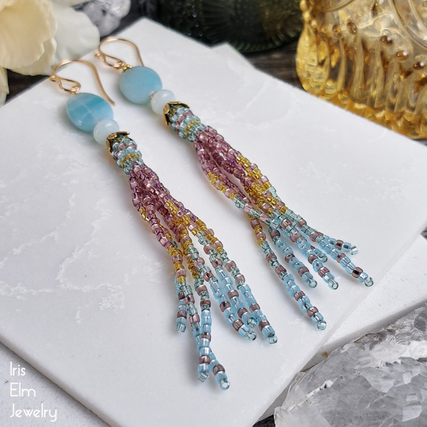 Amazonite Blue and Pink Tassel Fringe Earrings