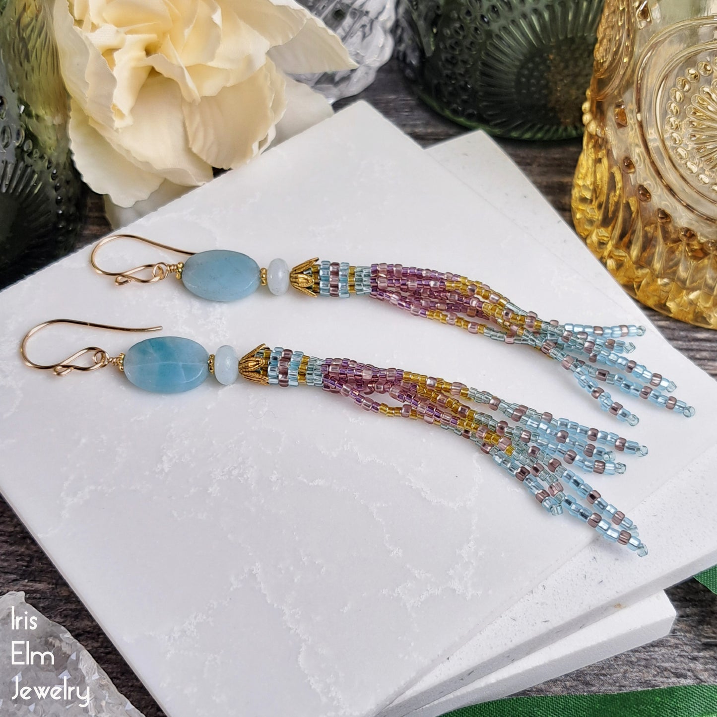 Amazonite Blue and Pink Tassel Fringe Earrings