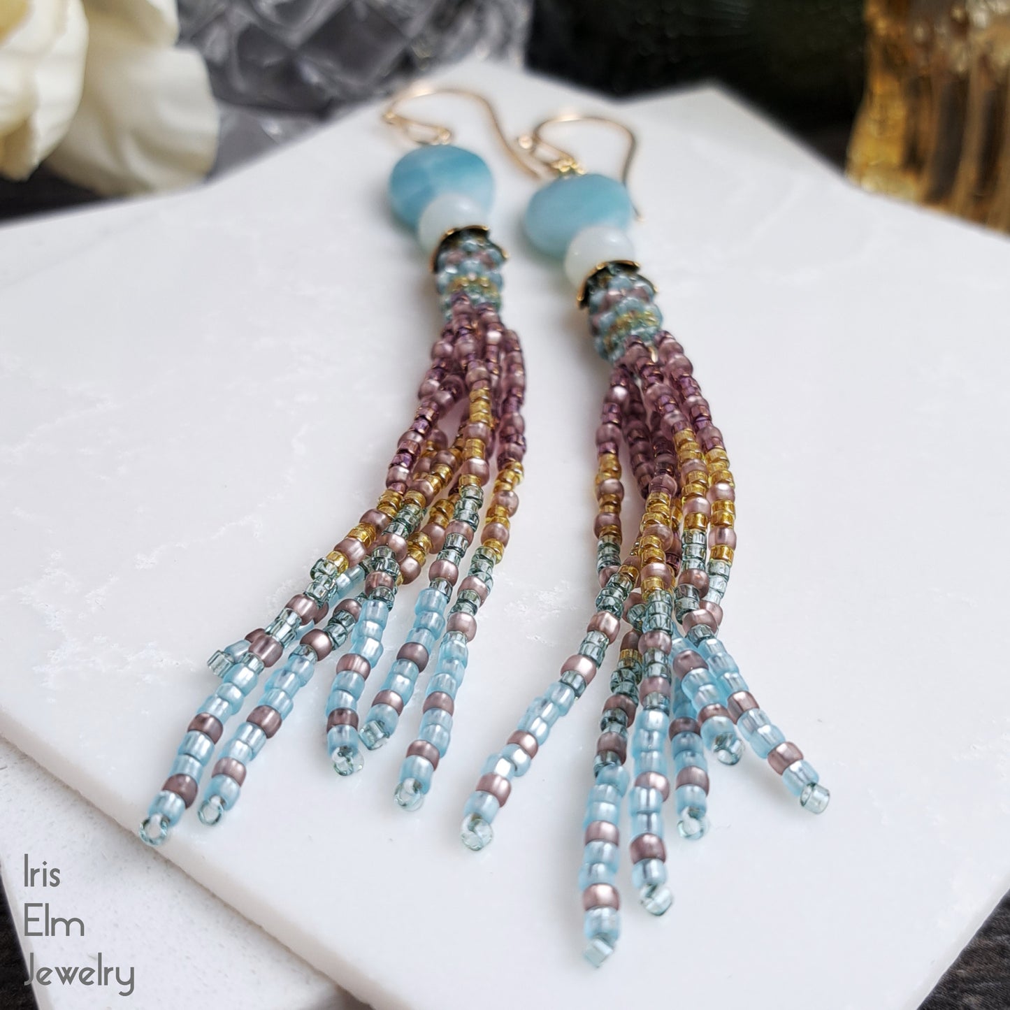 Amazonite Blue and Pink Tassel Fringe Earrings