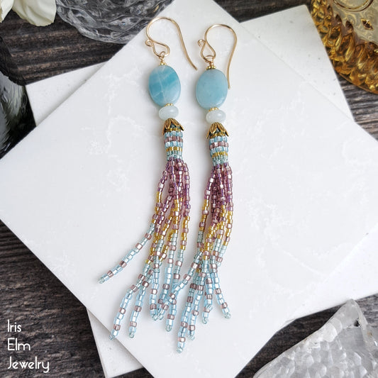 Amazonite Blue and Pink Tassel Fringe Earrings