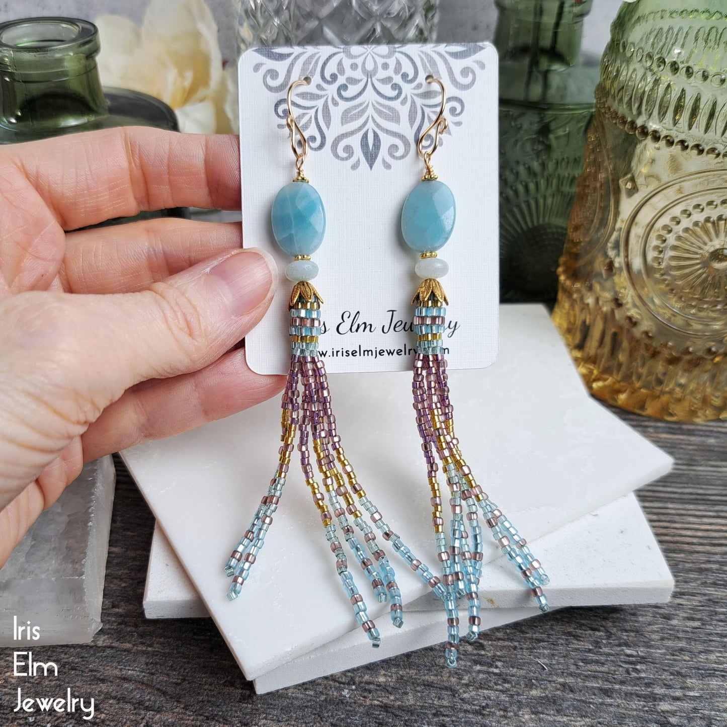 Amazonite Blue and Pink Tassel Fringe Earrings