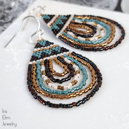 Aqua Blue and Bronze Seed Bead Teardrop Boho Earrings