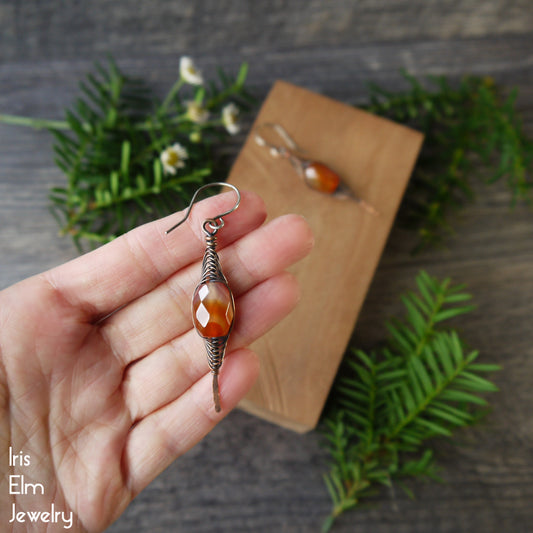 Faceted Red Agate Copper Herringbone Wire Wrapped Earrings