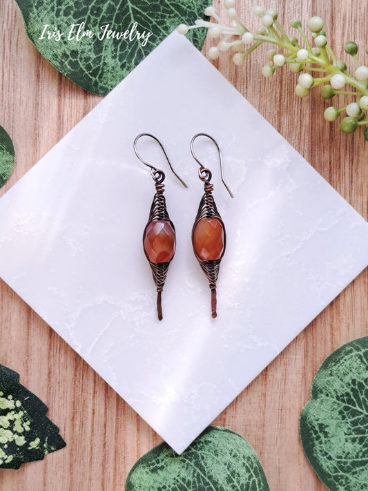 Pair of red agate copper wire wrapped herringbone earrings on a white tile with green leaves in the background