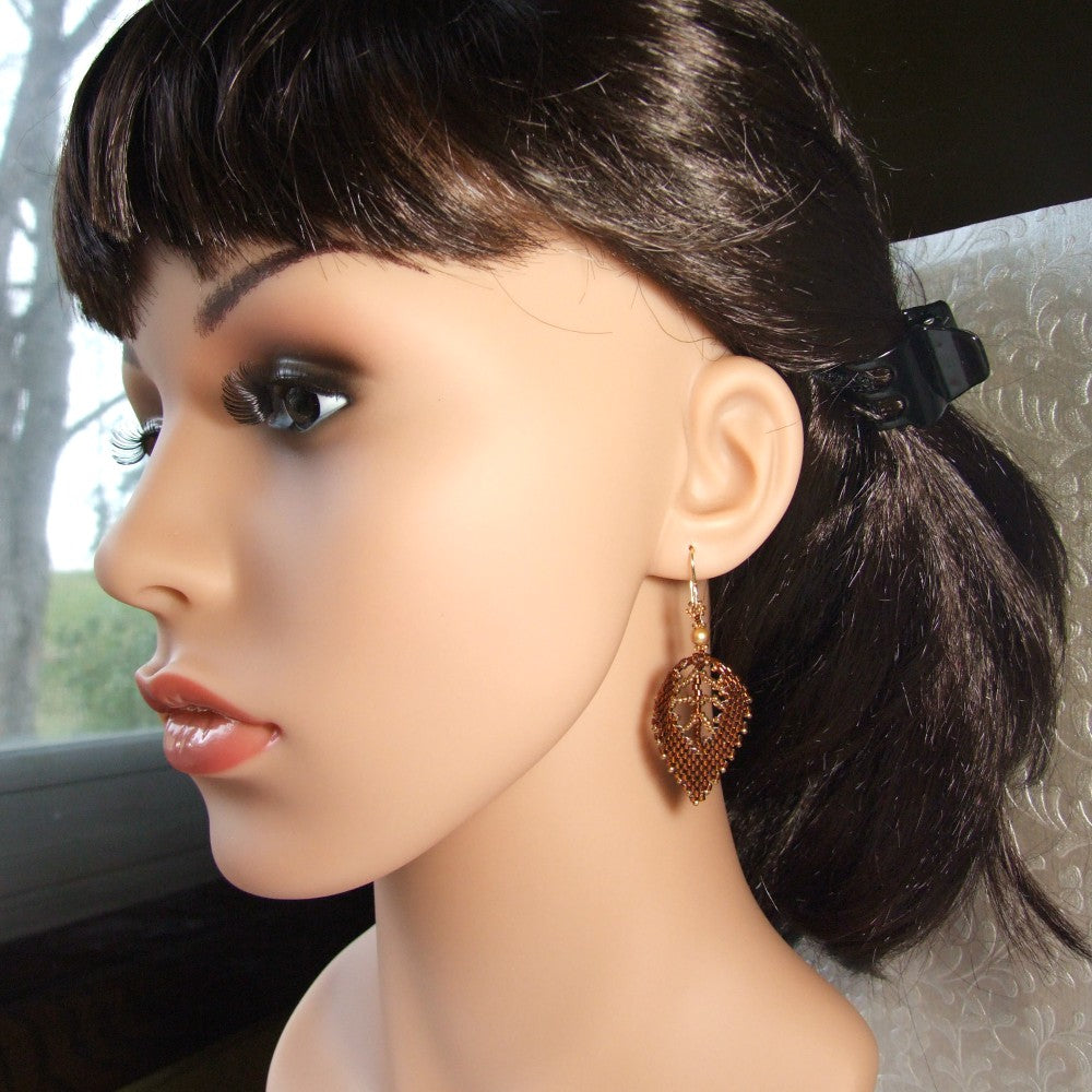 Topaz Brown Seed Bead Autumn Leaf Earrings