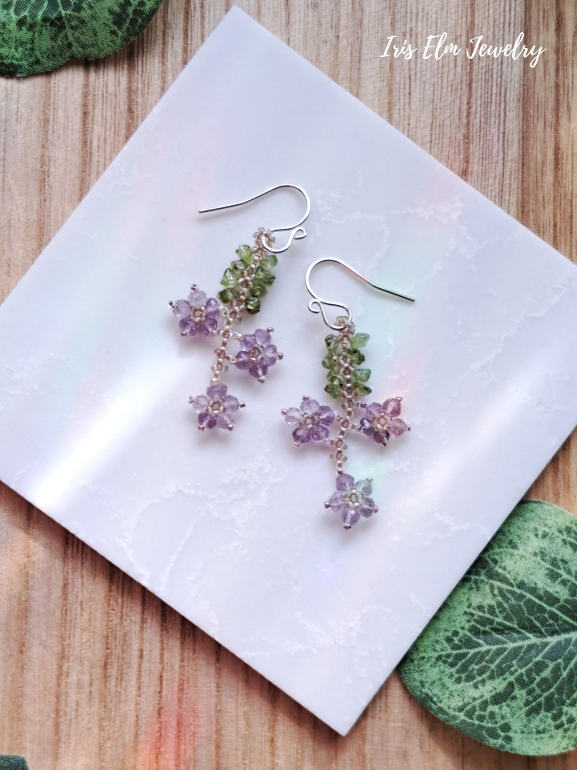 lavender flower earrings Amethyst & Peridot Beaded Flower Earrings