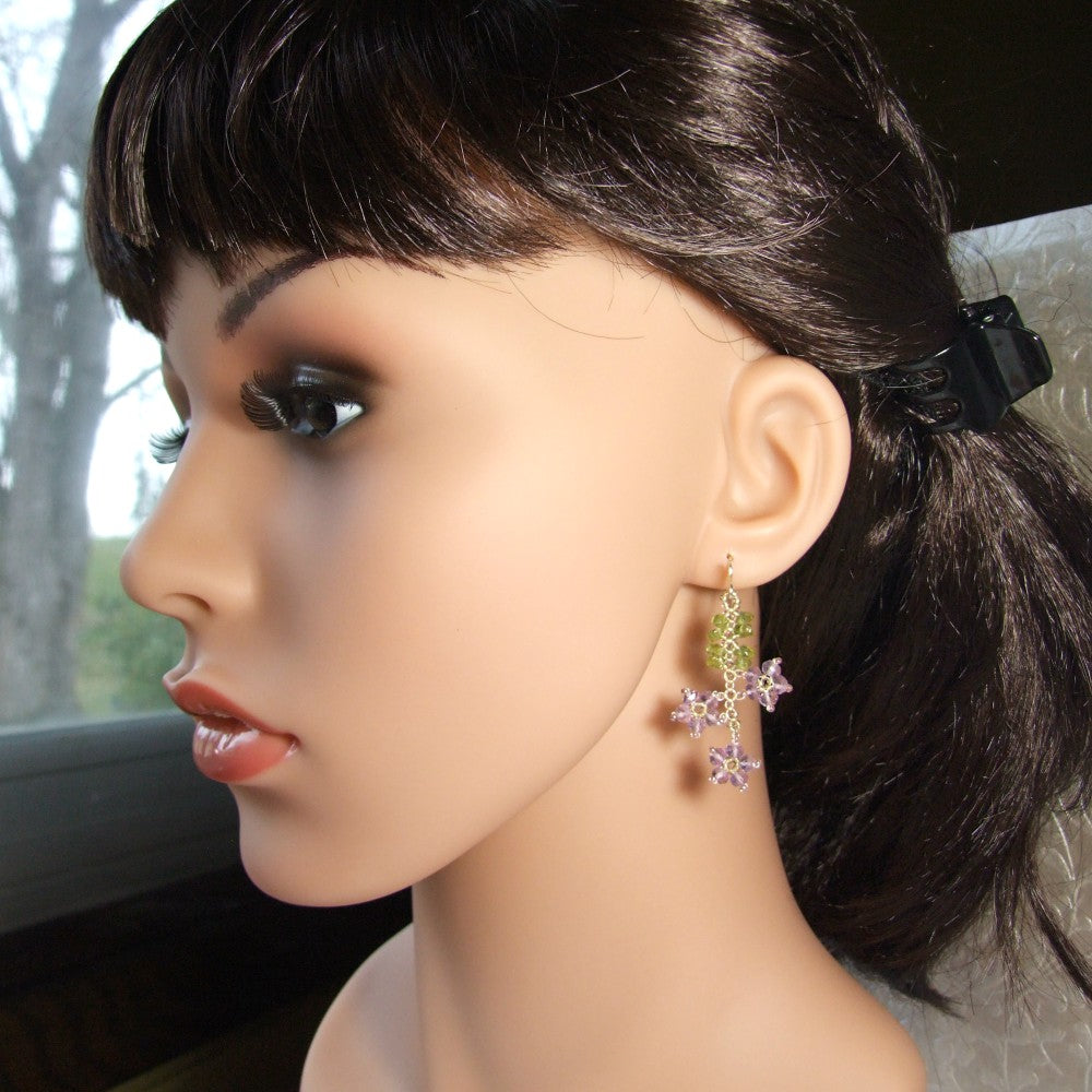 Amethyst and Peridot Beaded Flower Gemstone Earrings