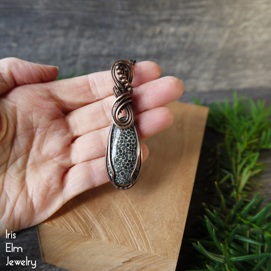 Black Fossil Coral Stone Teardrop Copper Wire Wrapped Pendant Necklace