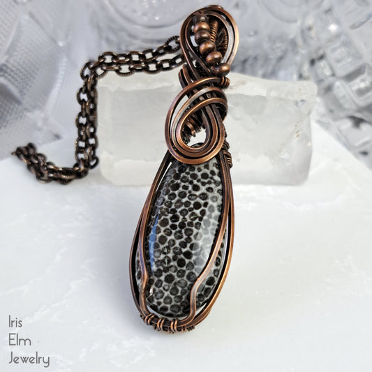 Black Fossil Coral Stone Teardrop Copper Wire Wrapped Pendant Necklace