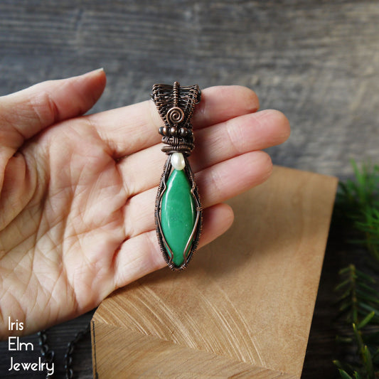 Green Chrysoprase and Freshwater Pearl Copper Wire Wrapped Pendant Necklace