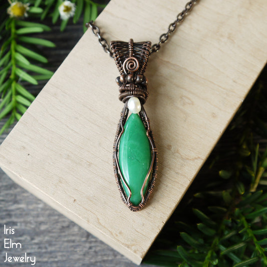Green Chrysoprase and Freshwater Pearl Copper Wire Wrapped Pendant Necklace