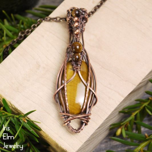 Brown Tiger Eye Elven Boho Copper Wire Wrapped Pendant Necklace