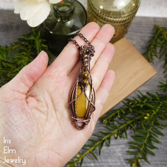 Brown Tiger Eye Elven Boho Copper Wire Wrapped Pendant Necklace