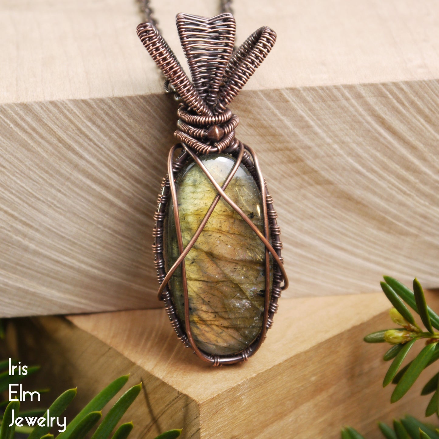 Labradorite Unique Stone Copper Wire Wrapped Pendant Necklace