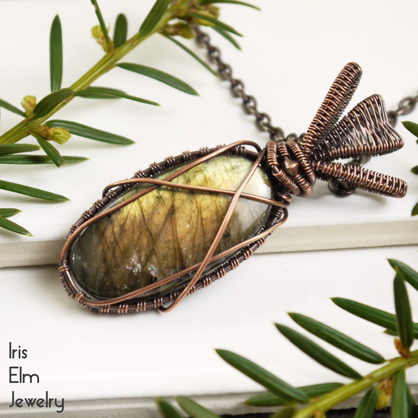 Labradorite Unique Stone Copper Wire Wrapped Pendant Necklace