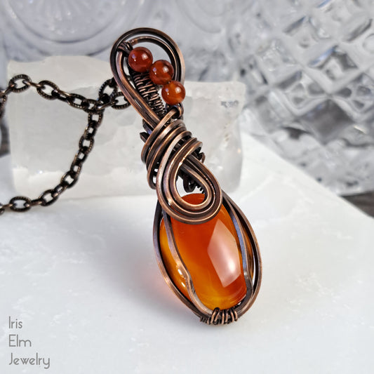 Red Agate Copper Wire Wrapped Pendant Necklace