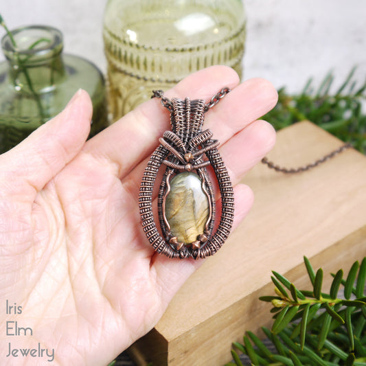 Bohemian Labradorite Copper Coiled Wire Wrapped Pendant Necklace