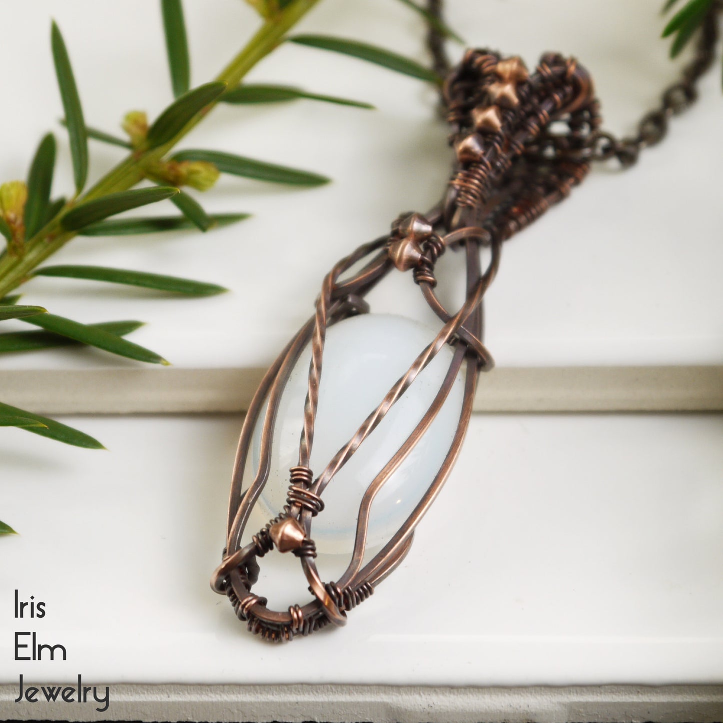 White Opalite Elven Wire Wrapped Copper Pendant Necklace