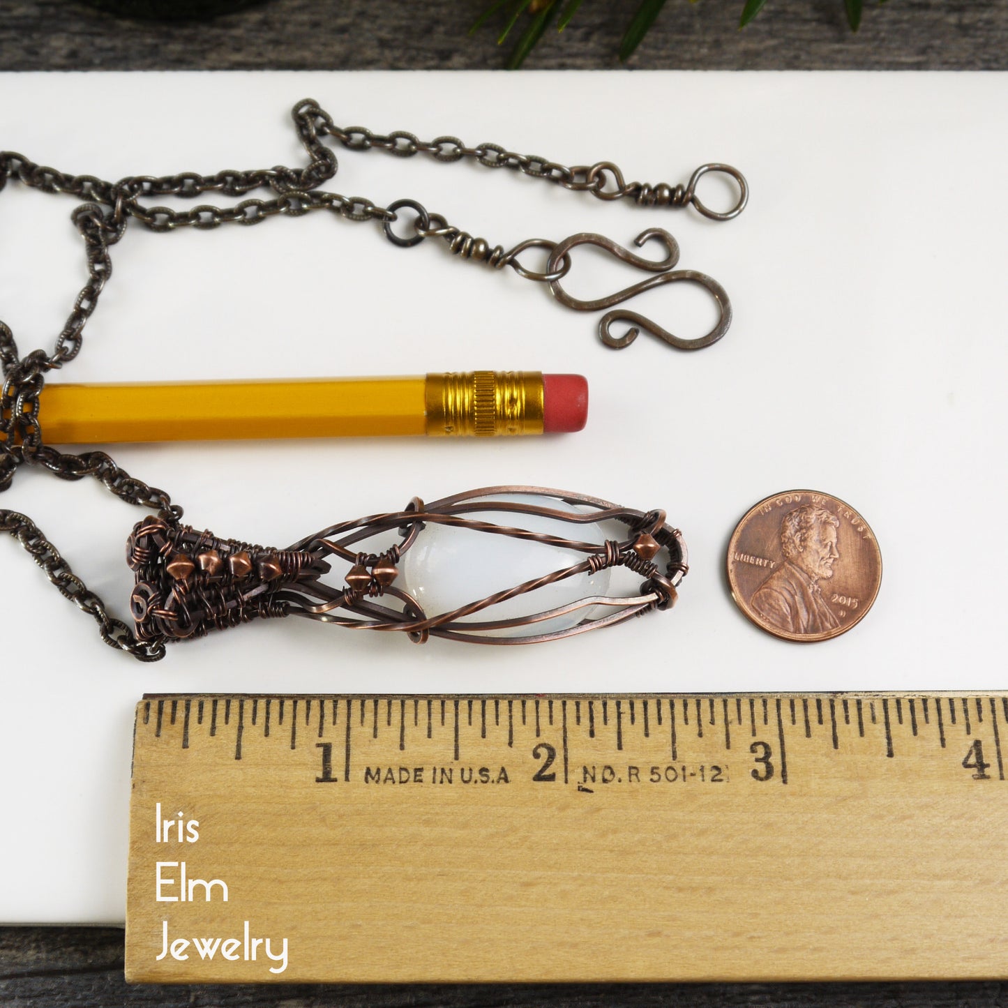 White Opalite Elven Wire Wrapped Copper Pendant Necklace