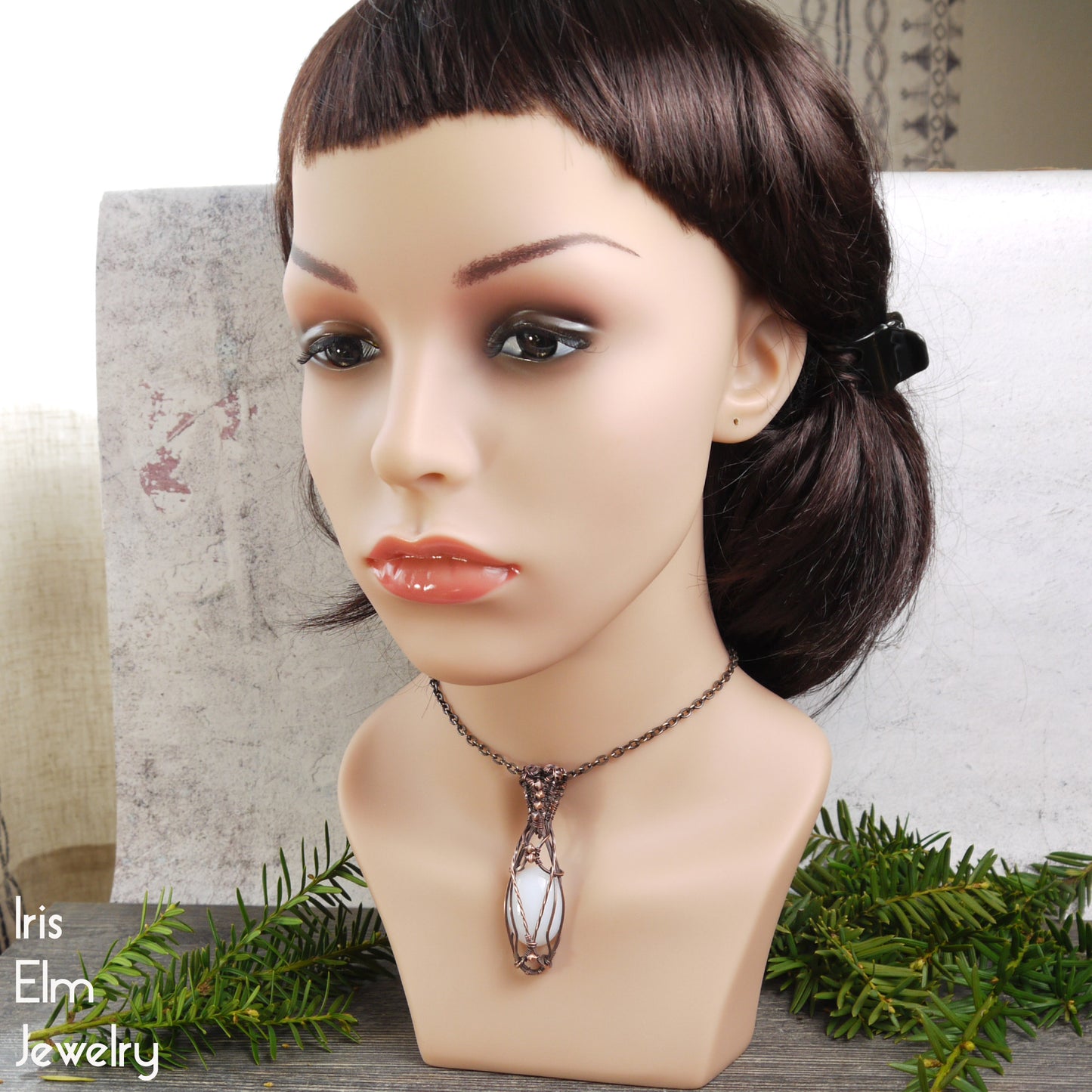 White Opalite Elven Wire Wrapped Copper Pendant Necklace