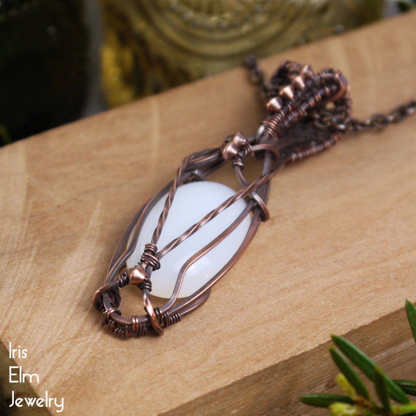 White Opalite Elven Wire Wrapped Copper Pendant Necklace