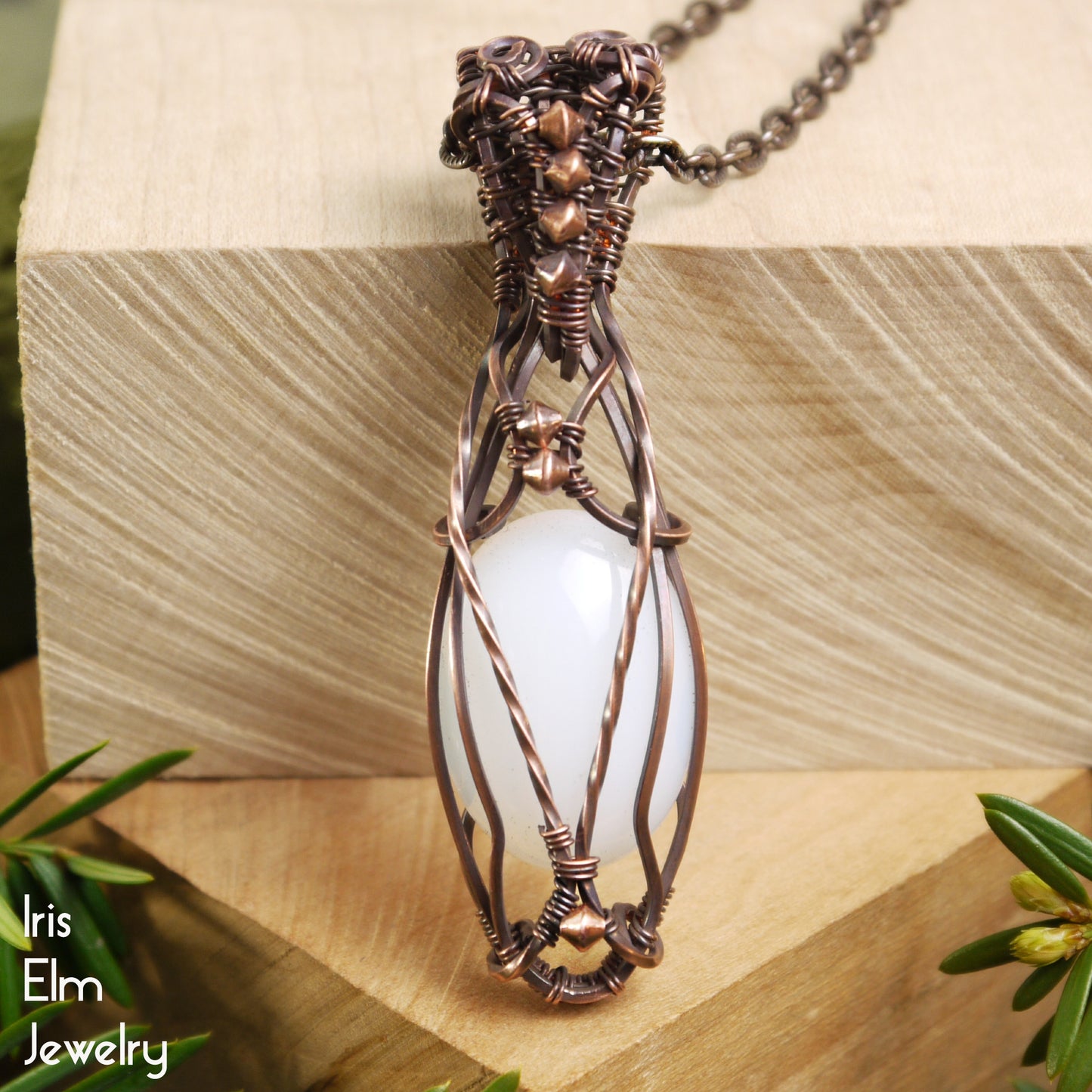 White Opalite Elven Wire Wrapped Copper Pendant Necklace