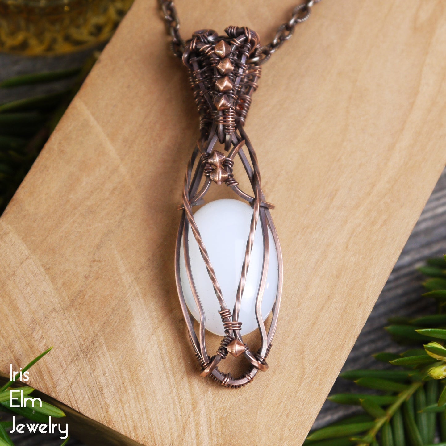 White Opalite Elven Wire Wrapped Copper Pendant Necklace