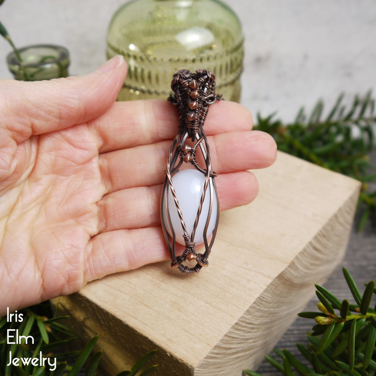 White Opalite Elven Wire Wrapped Copper Pendant Necklace