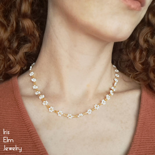 Woven White and Yellow Daisy Seed Bead Necklace