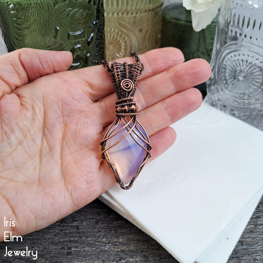 Elven Opalite Teardrop Copper Wire Wrapped Pendant Necklace
